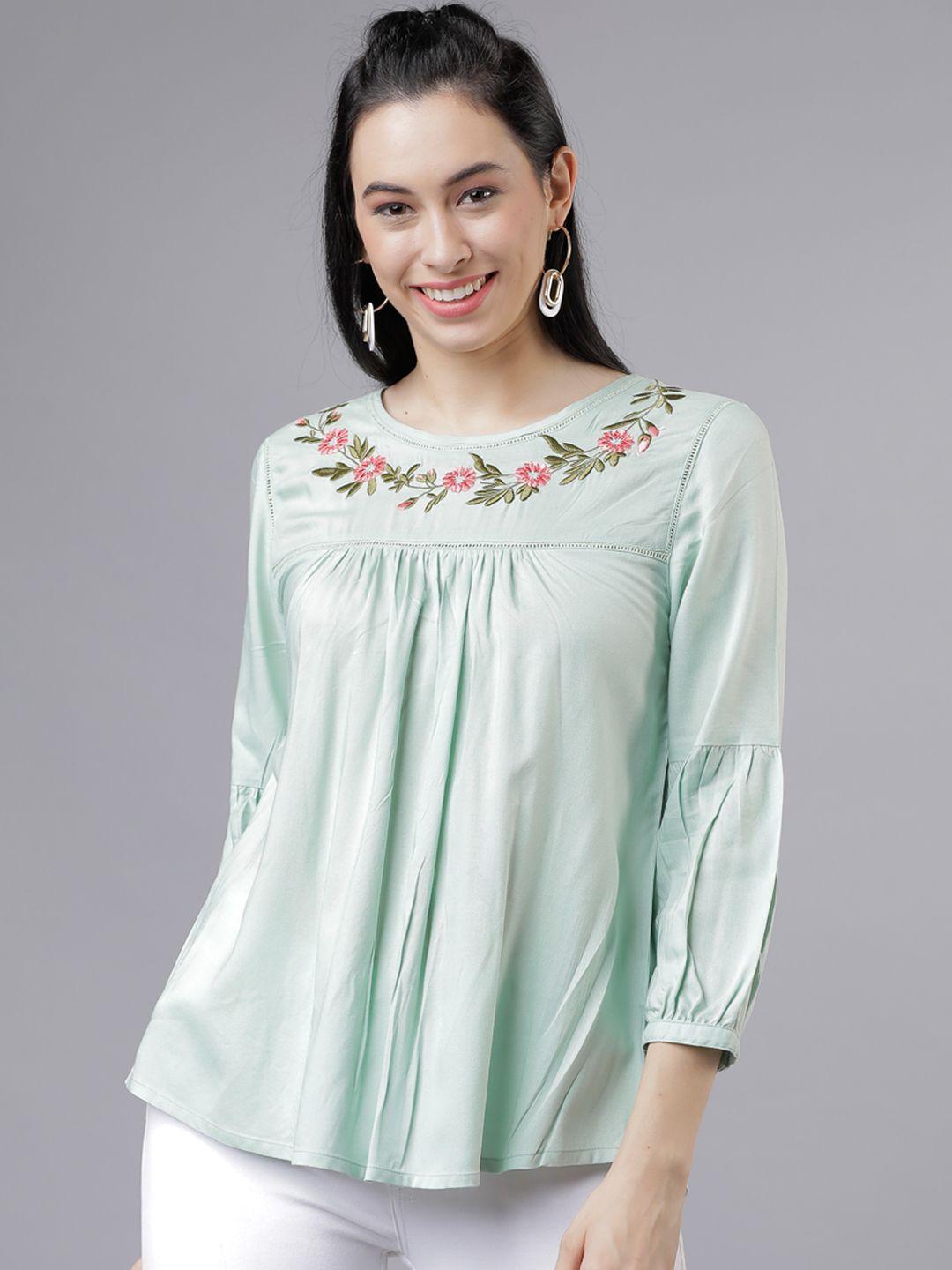 vishudh women green embroidered top