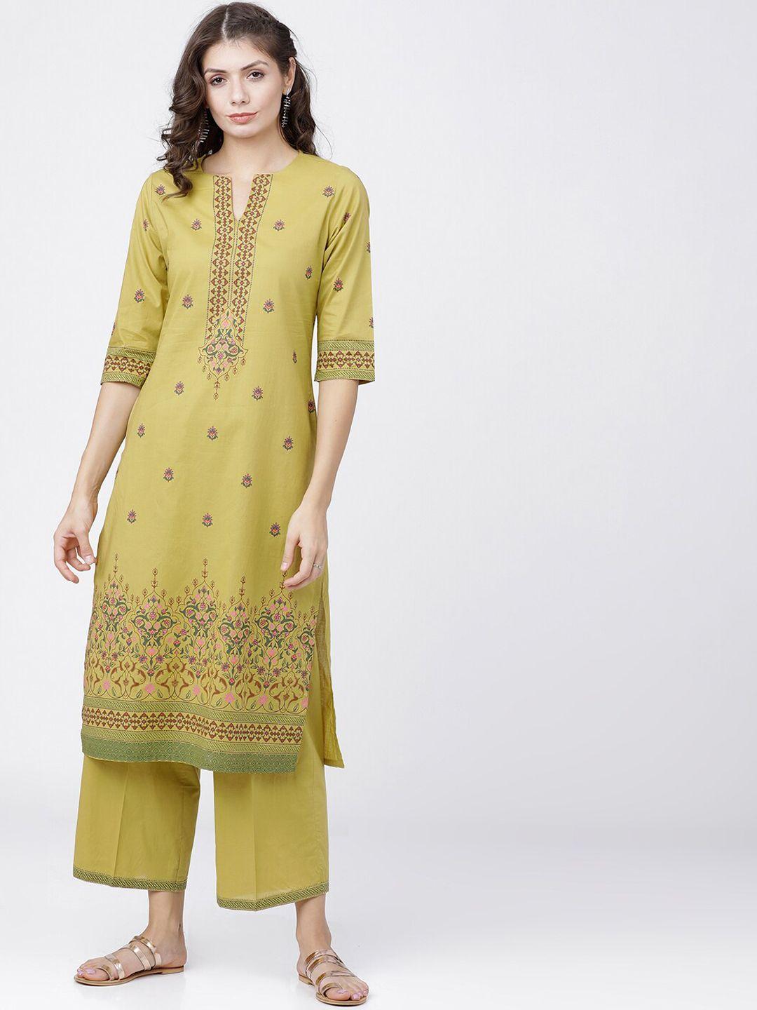 vishudh women green ethnic motifs printed pure cotton kurta with trousers