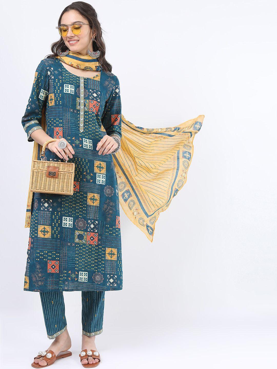 vishudh women green ethnic motifs printed straight cotton kurta with trousers & dupatta