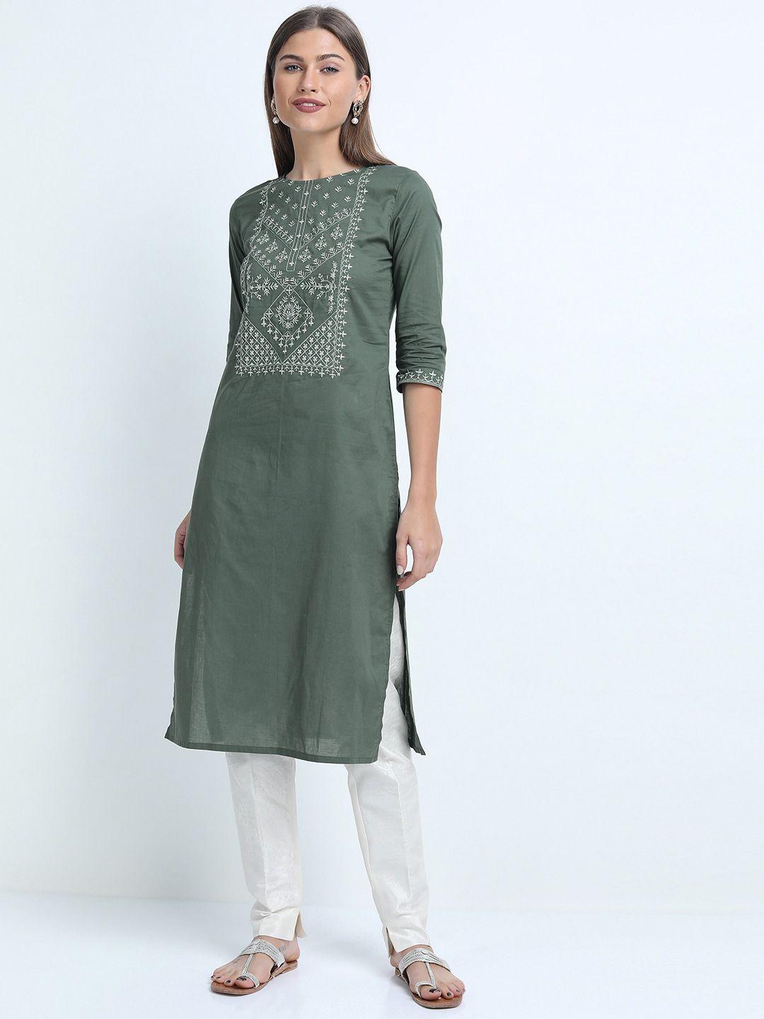 vishudh women green ethnic motifs yoke design kurta