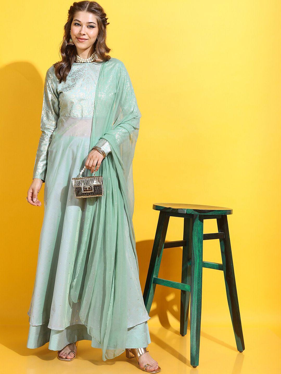 vishudh women green floral polyester kurta with skirt & dupatta