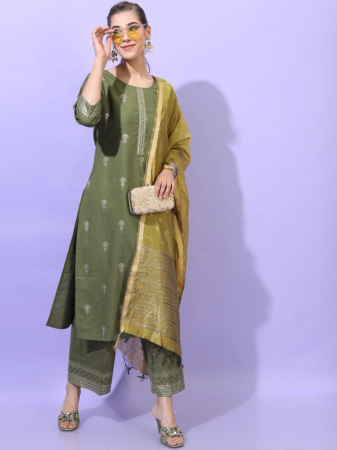 vishudh women green layered kurta with trousers & with dupatta