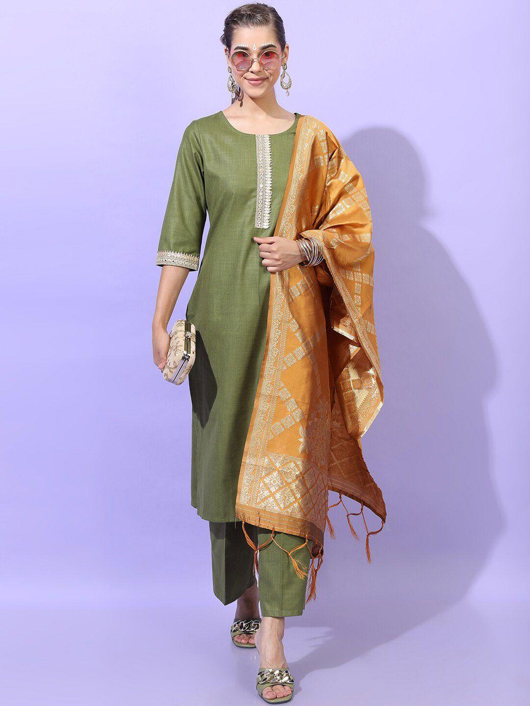 vishudh women green panelled kurta with trousers & with dupatta
