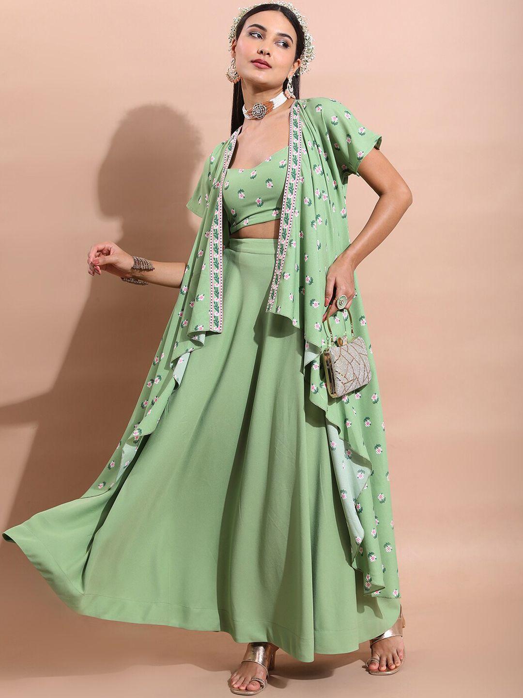 vishudh women green printed crop top with palazzo with jacket