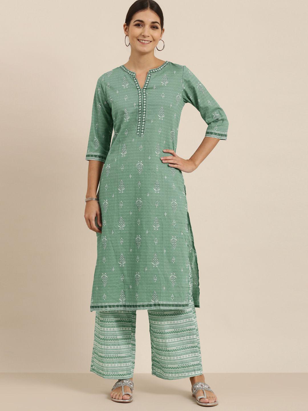 vishudh women green printed kurta with palazzo
