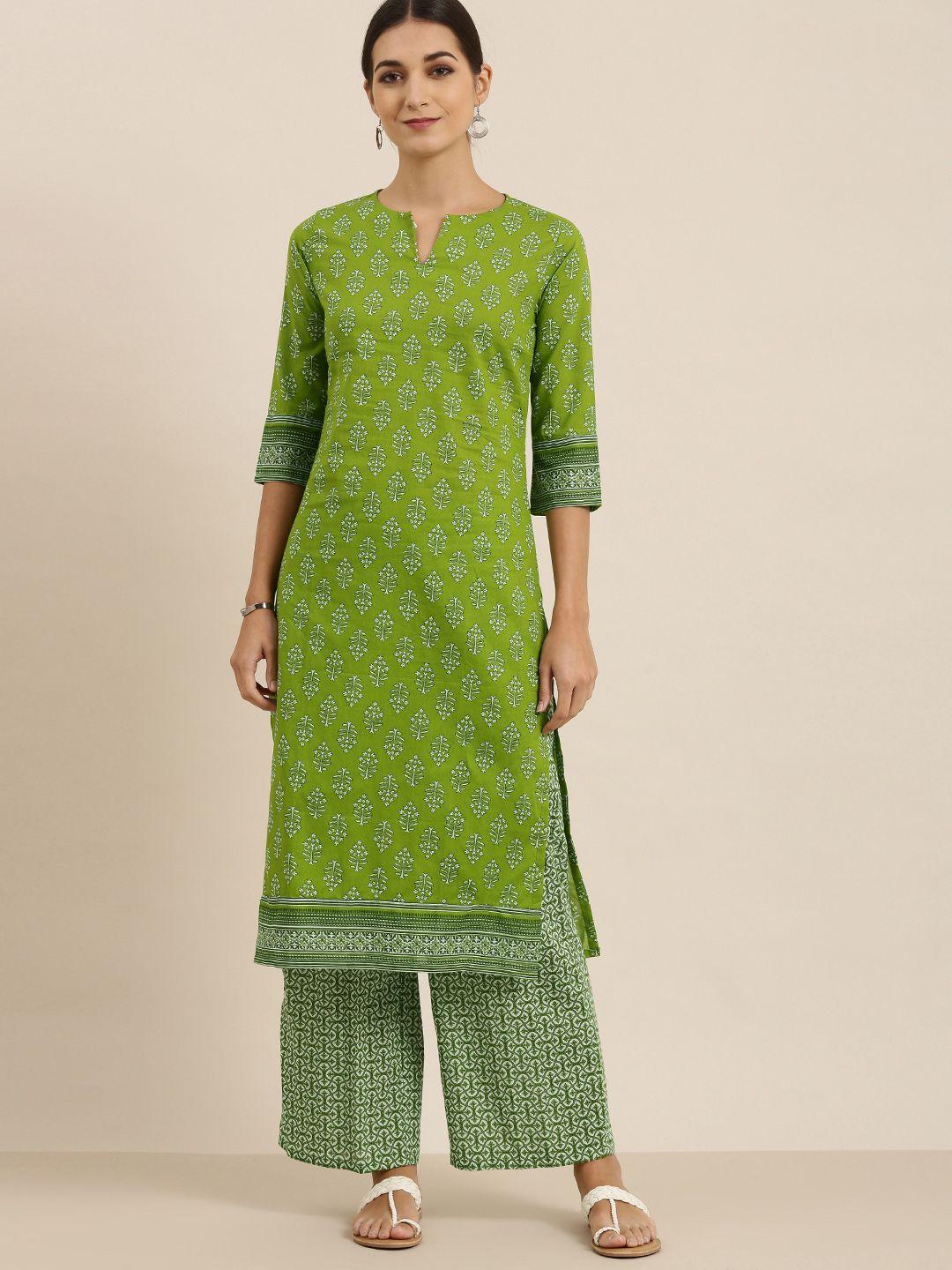 vishudh women green printed kurta with palazzos