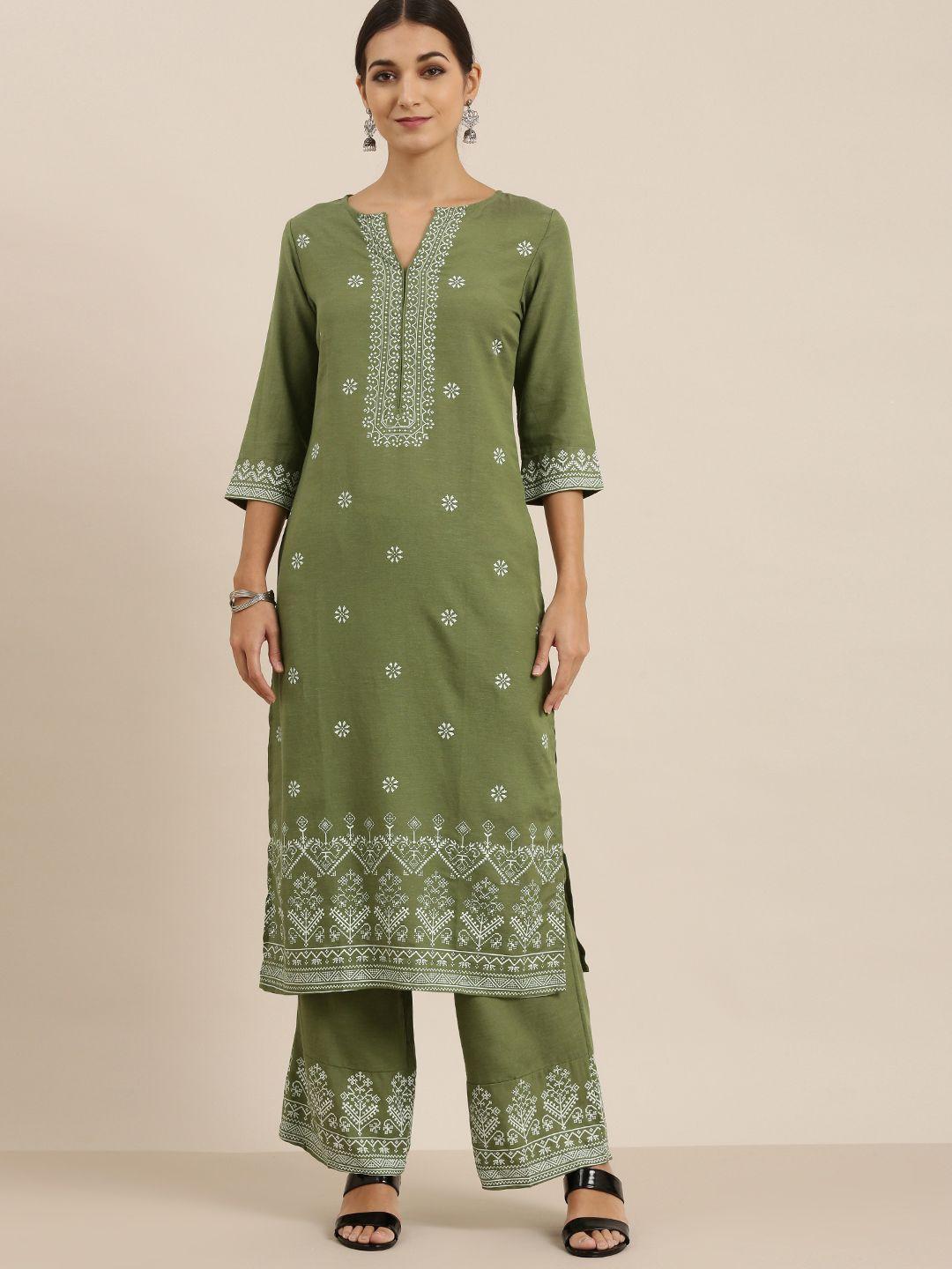 vishudh women green printed kurta with palazzos