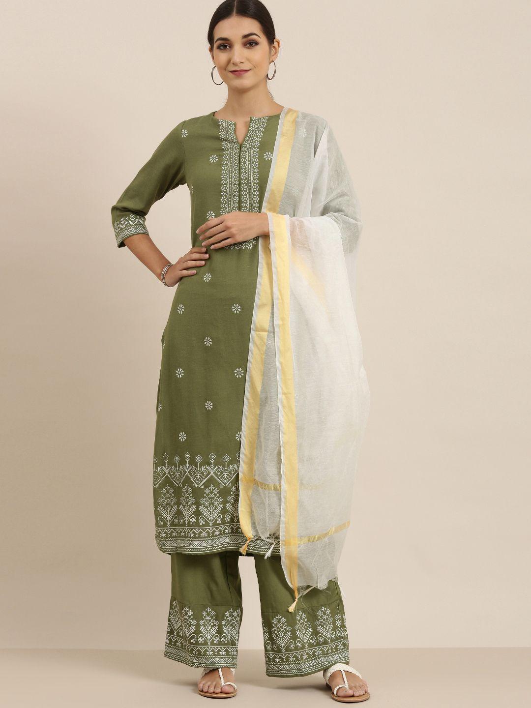 vishudh women green printed kurta with salwar & dupatta