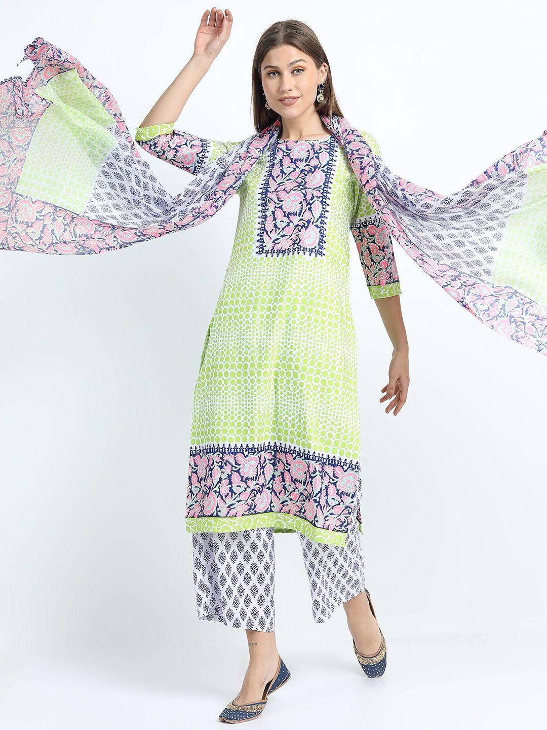 vishudh women green printed kurti with palazzos & with dupatta