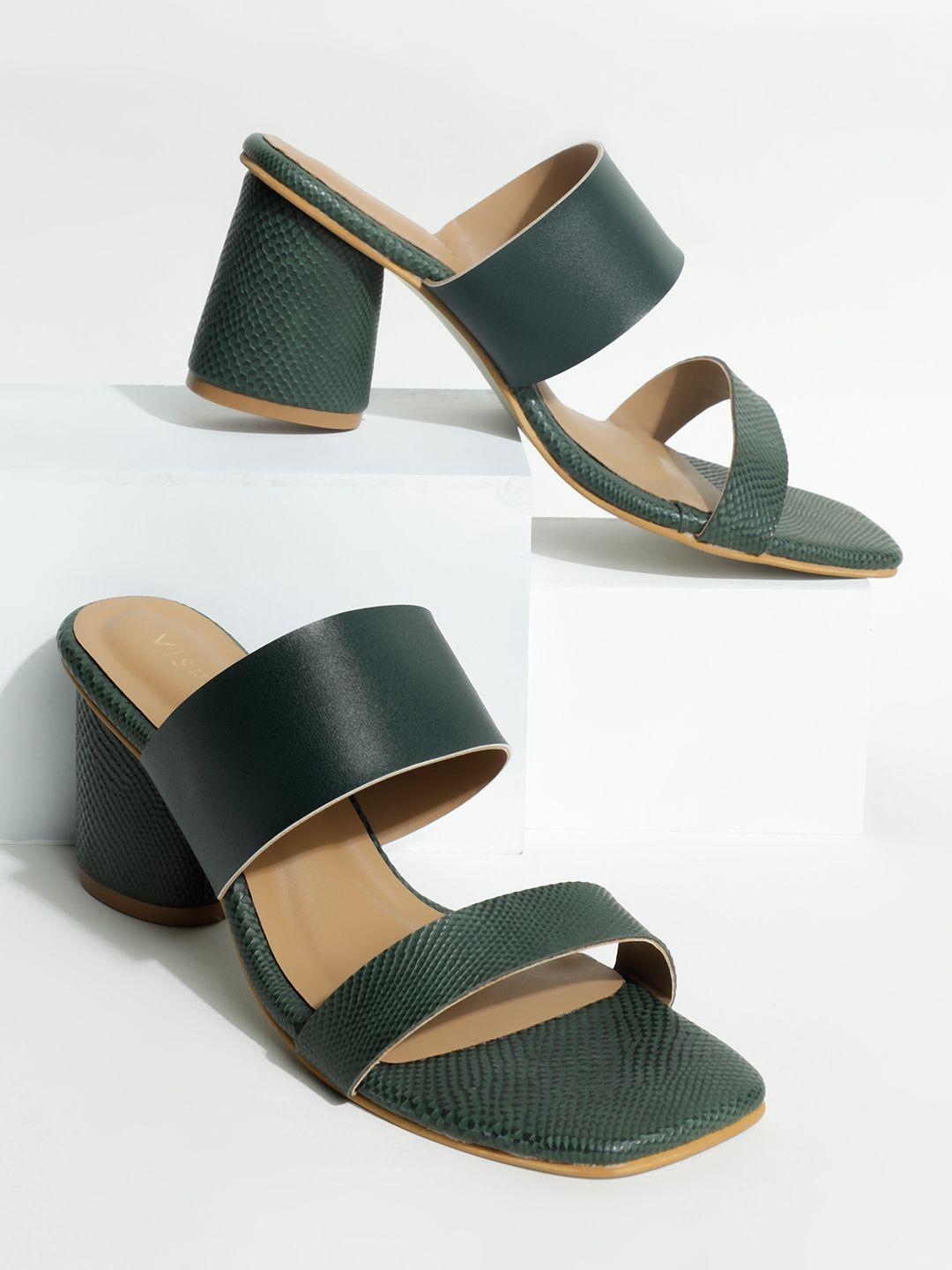 vishudh women green snake-skin printed block heels