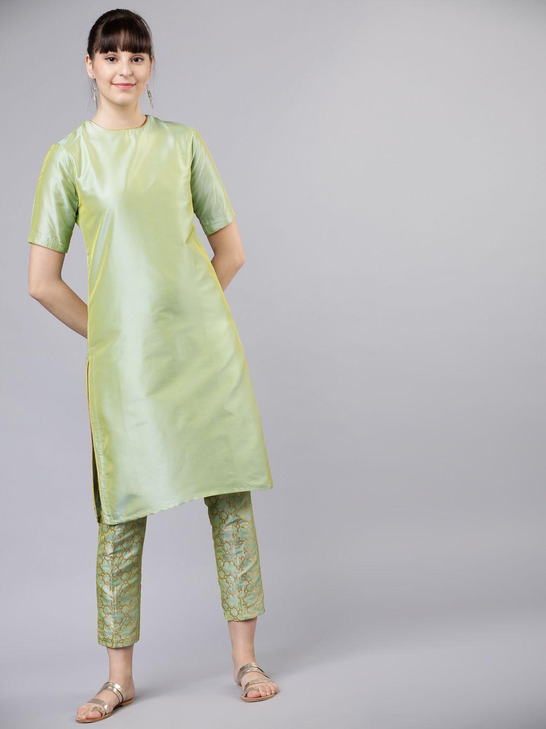 vishudh women green solid kurta with trousers