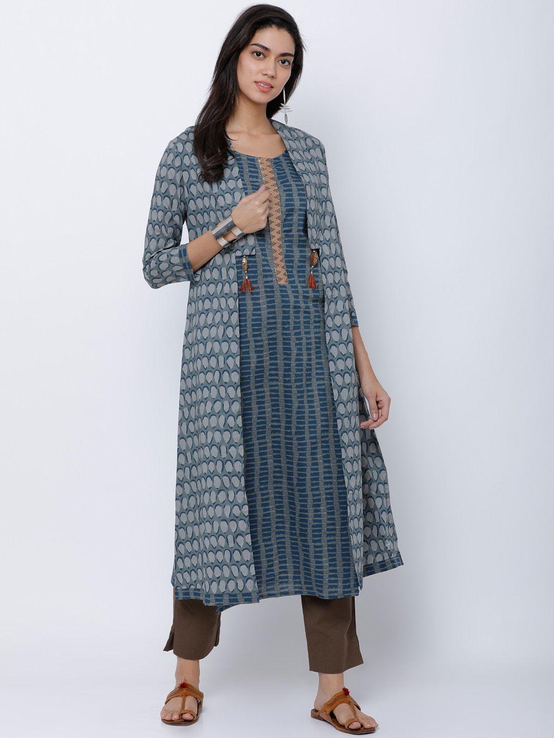 vishudh women grey & blue printed a-line kurta