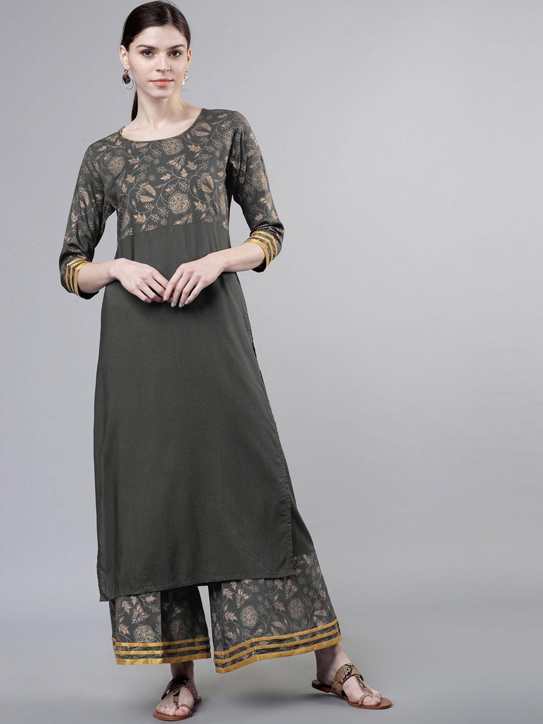 vishudh women grey & gold-toned printed kurta with palazzos