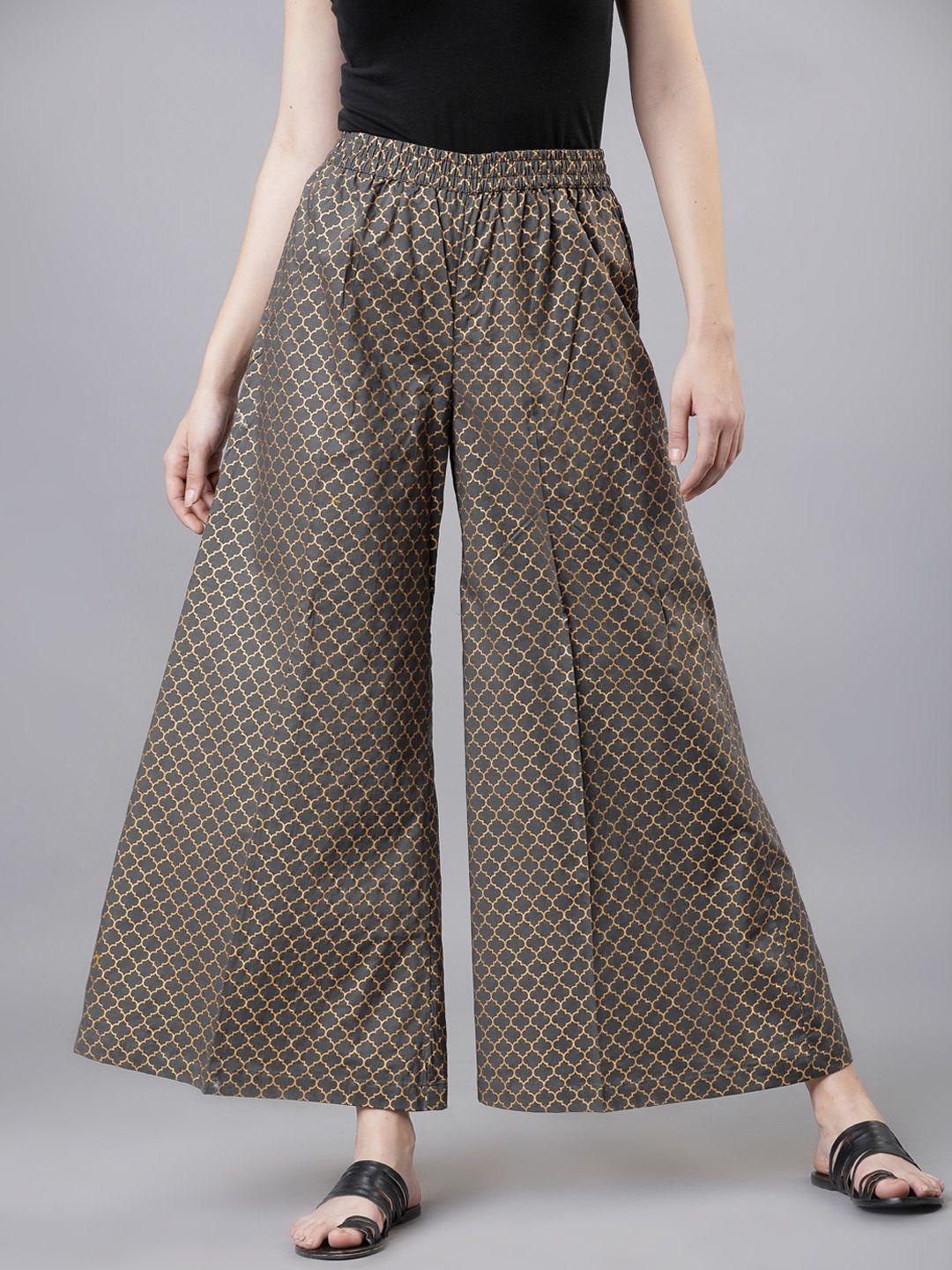 vishudh women grey & gold-toned printed wide-leg palazzos