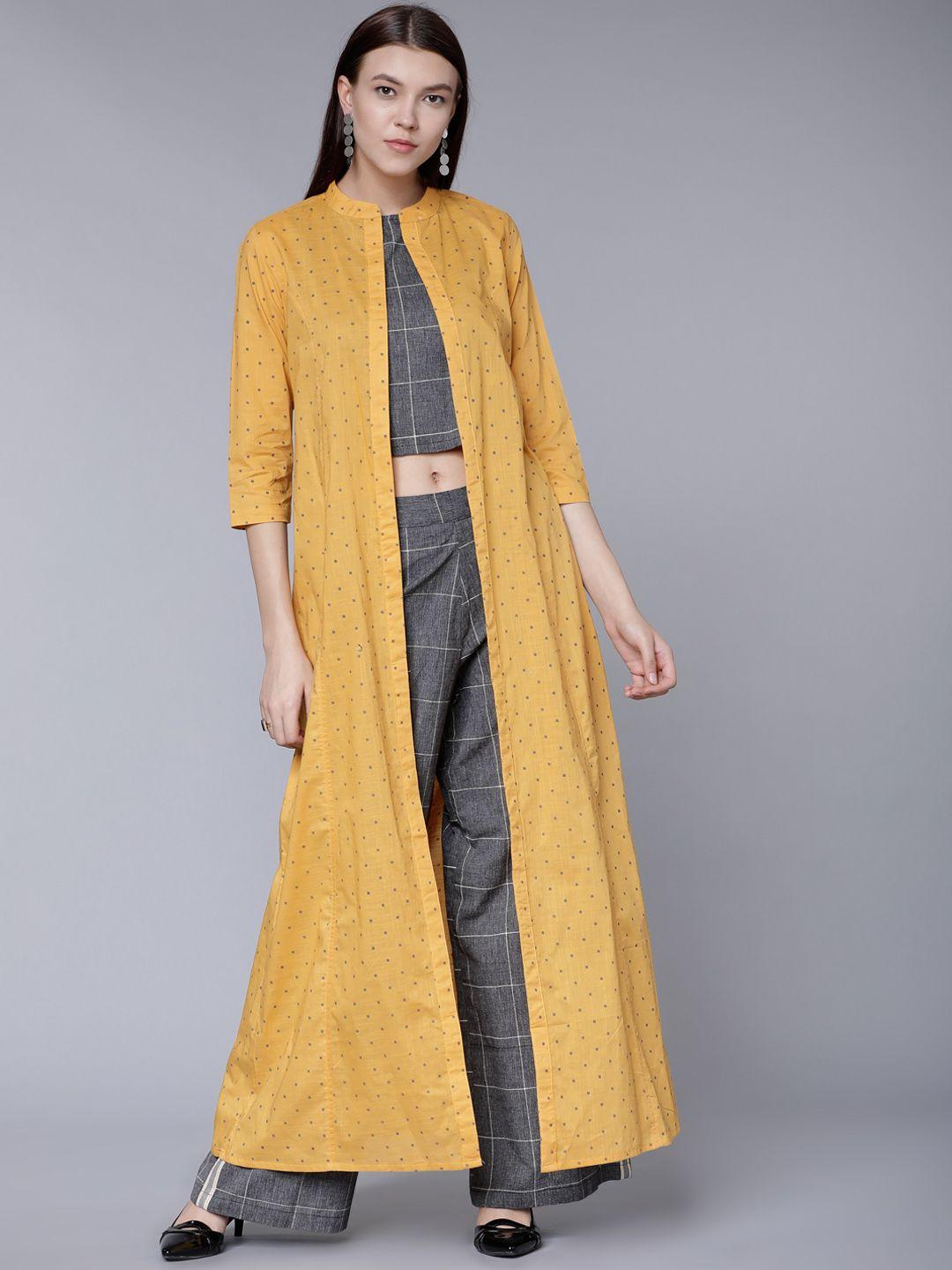 vishudh women grey & mustard checked top with palazzos