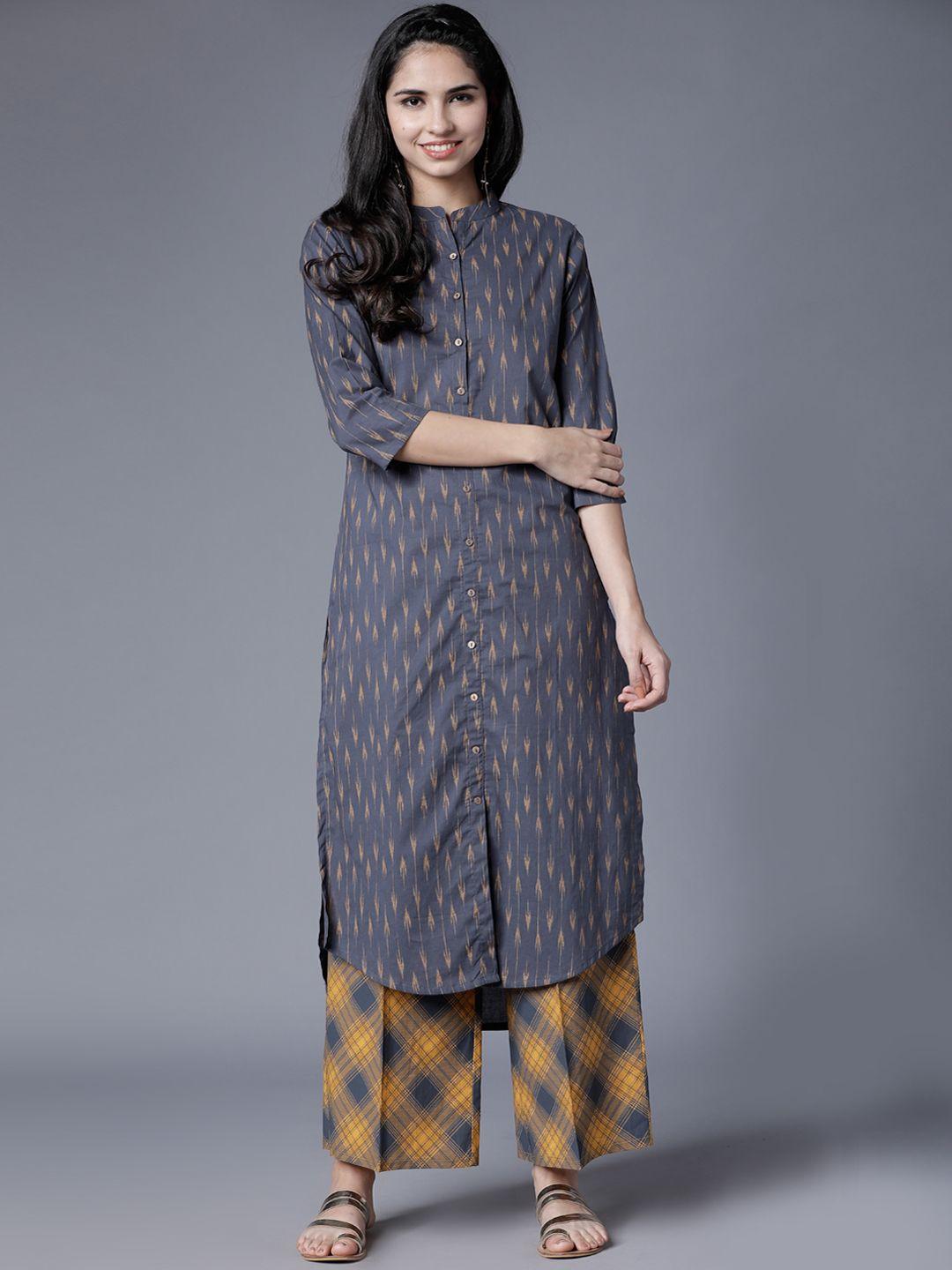 vishudh women grey & mustard printed kurta with palazzos