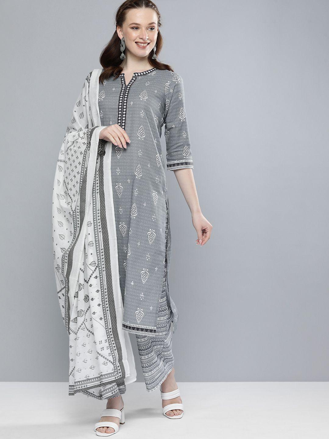 vishudh women grey & off-white printed kurta with palazzos & dupatta
