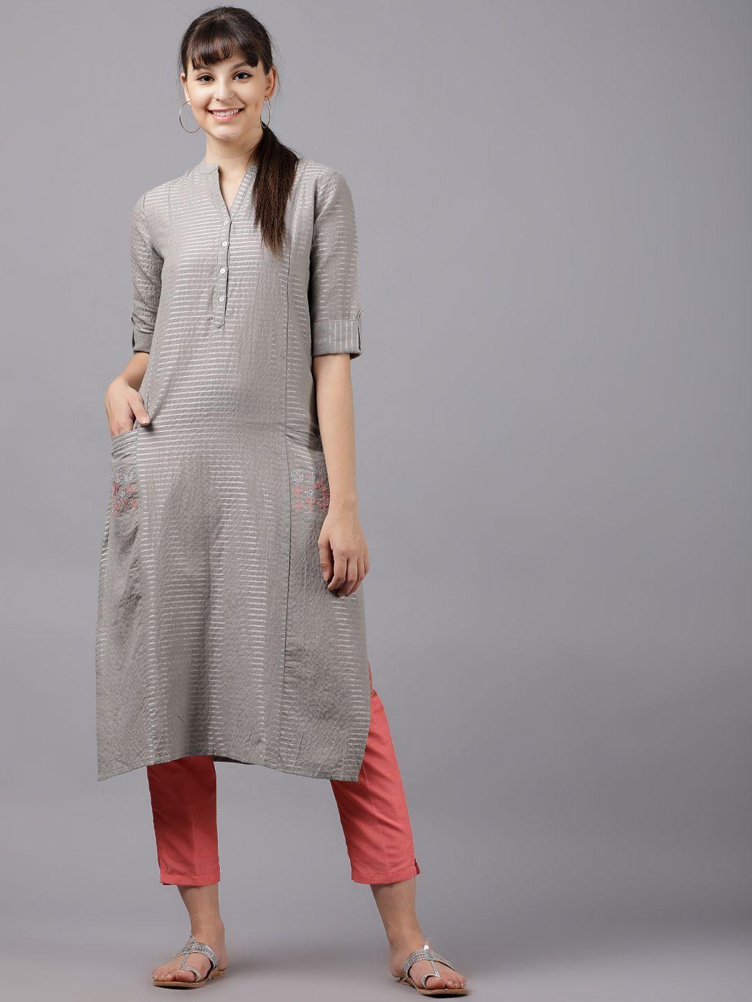 vishudh women grey & silver-toned striped straight kurta