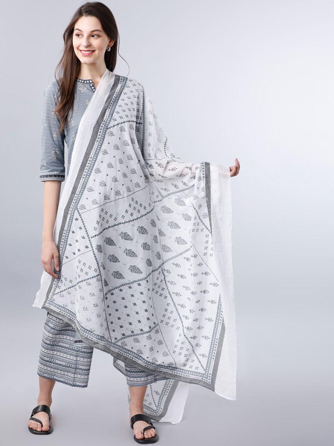 vishudh women grey & white ethnic printed pure cotton dupatta