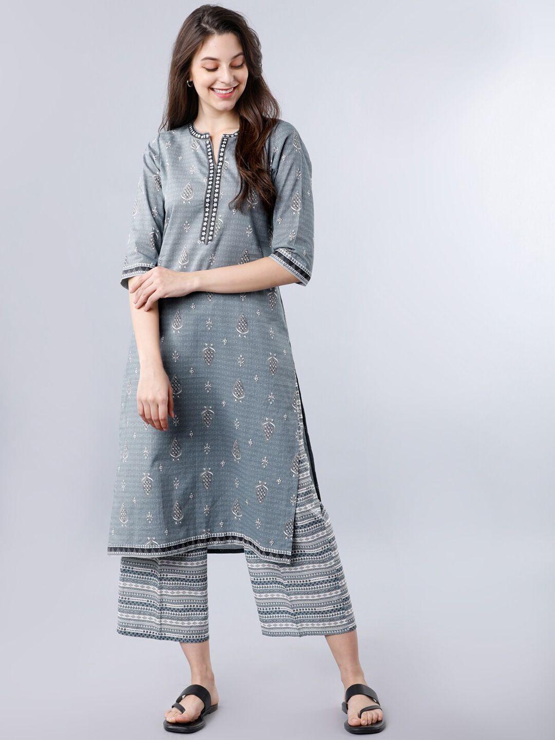 vishudh women grey & white printed kurta with palazzos