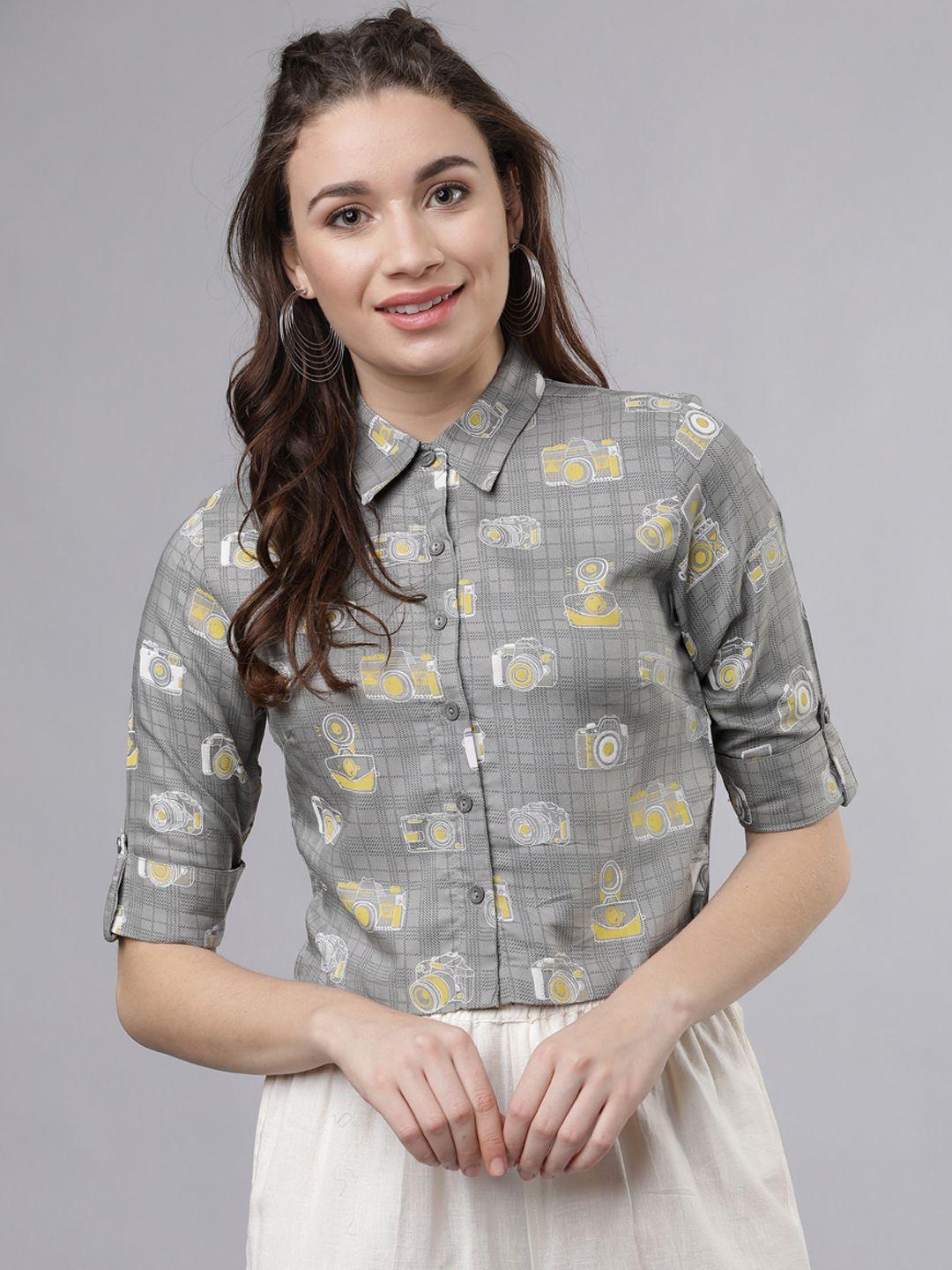 vishudh women grey & yellow regular fit printed casual shirt