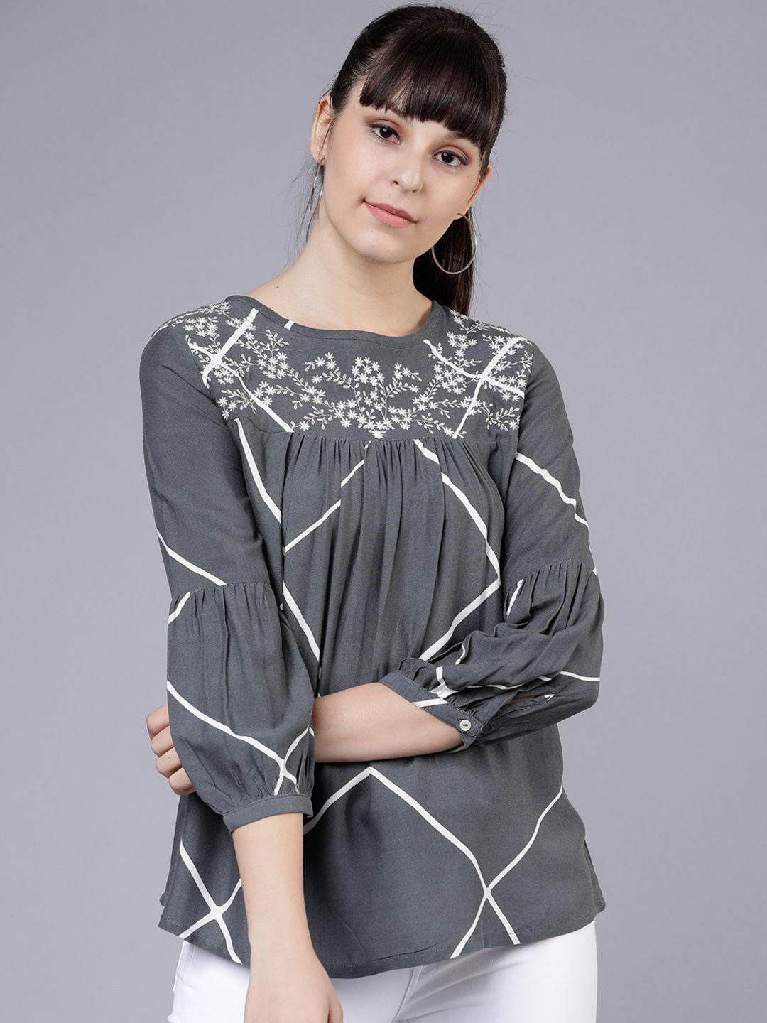 vishudh women grey and white printed a-line top