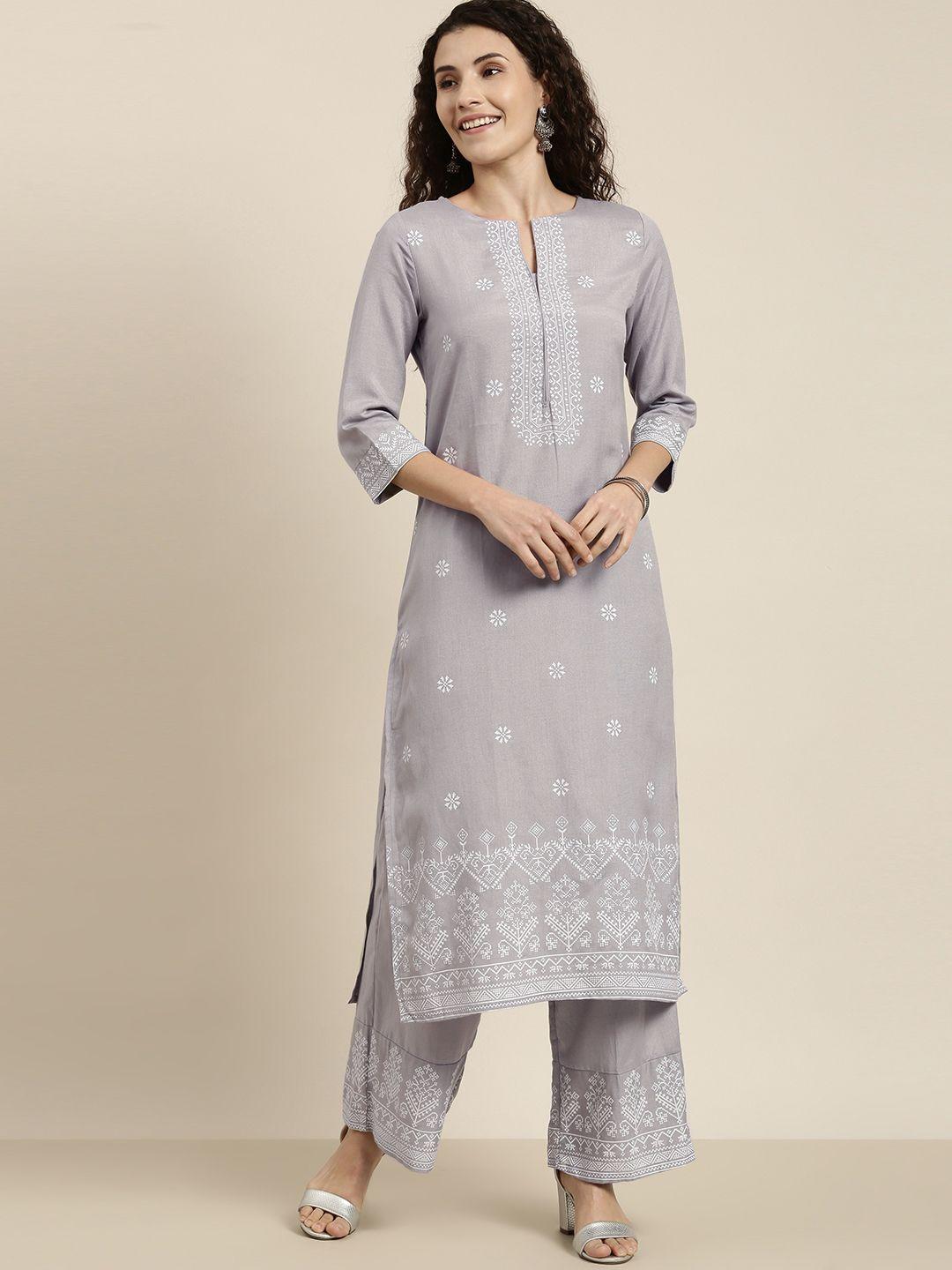 vishudh women grey embroidered kurta with palazzo