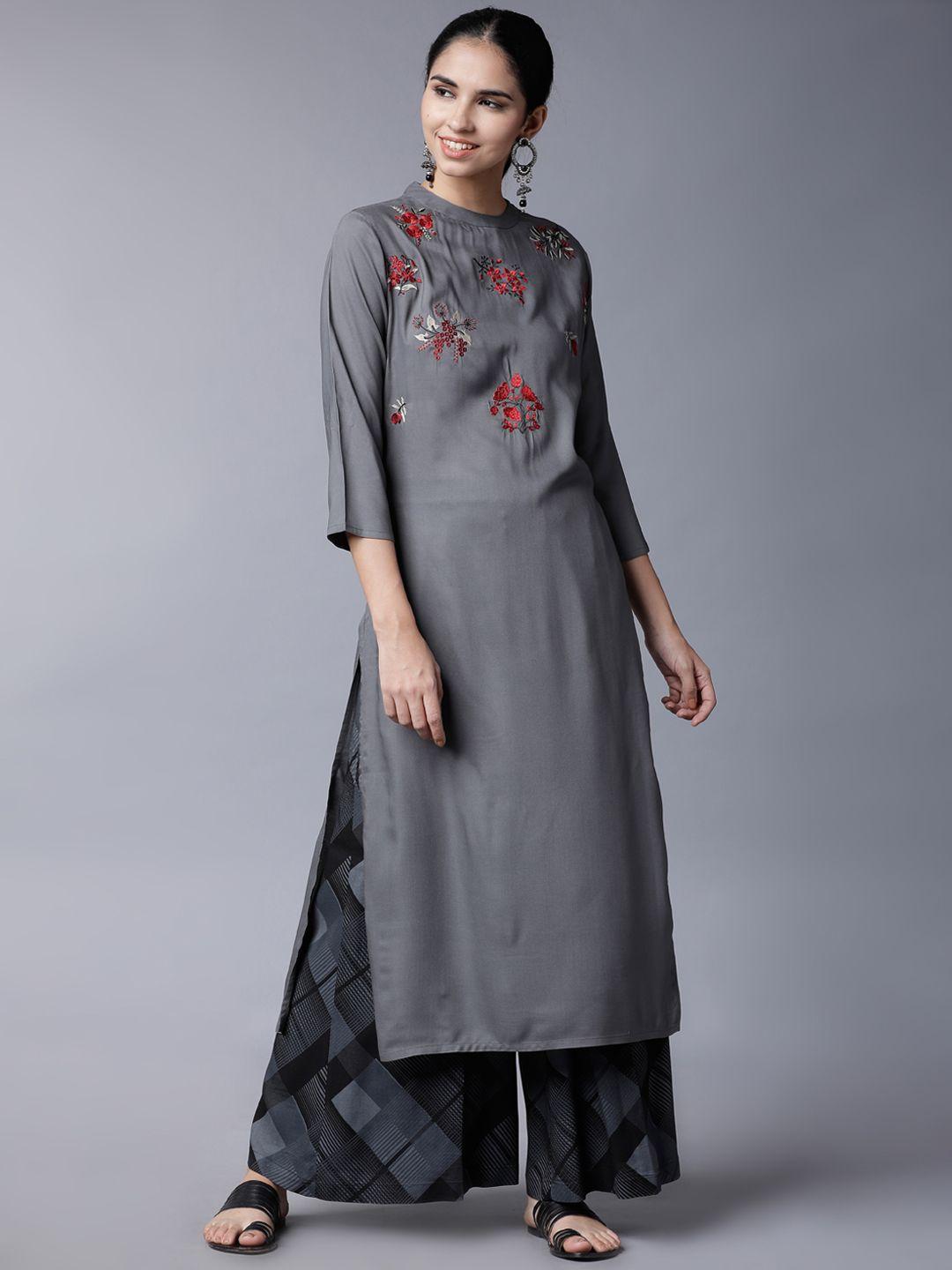 vishudh women grey floral embroidered regular kurta with palazzos