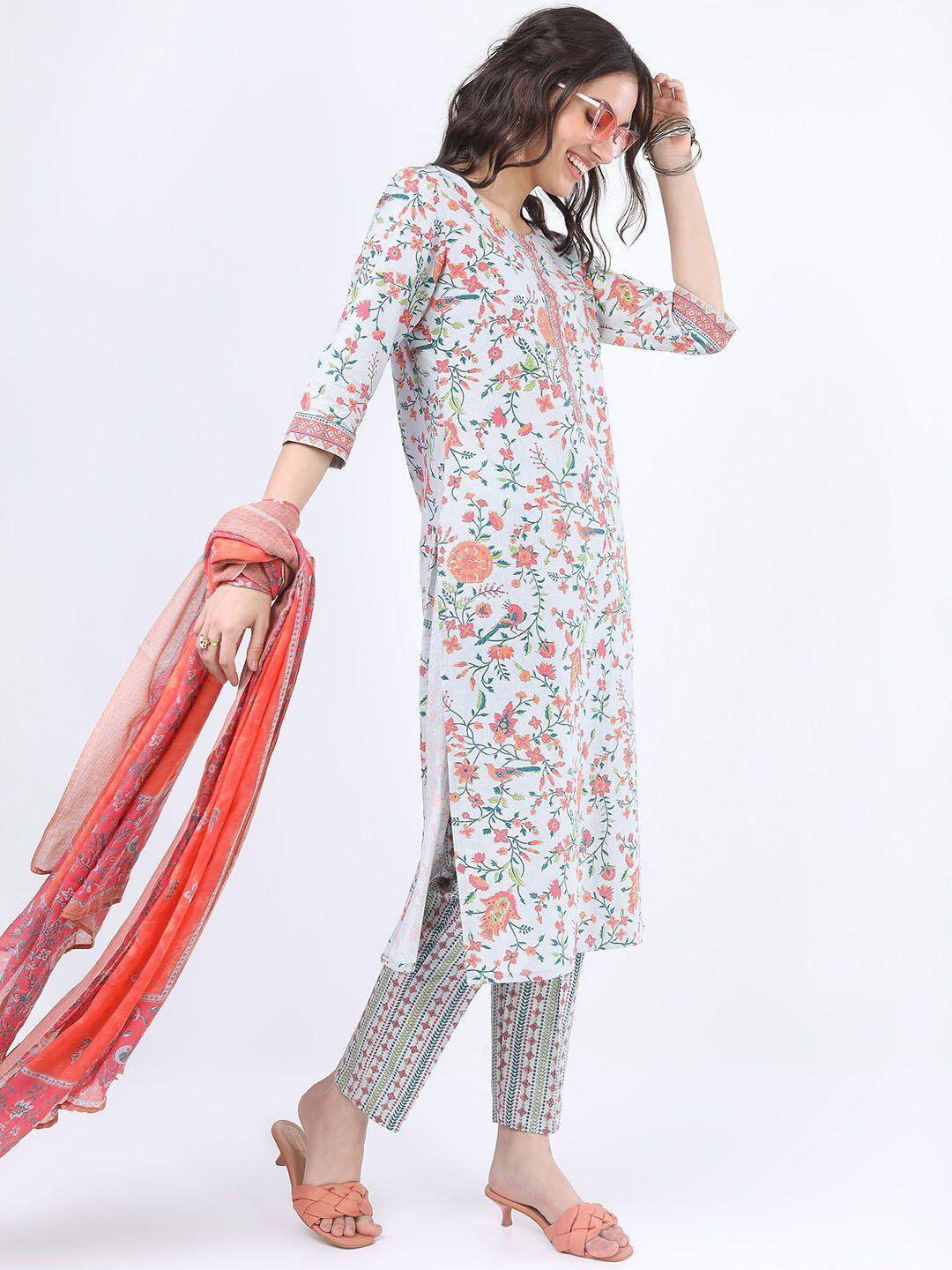 vishudh women grey floral printed pure cotton kurta with palazzos & with dupatta