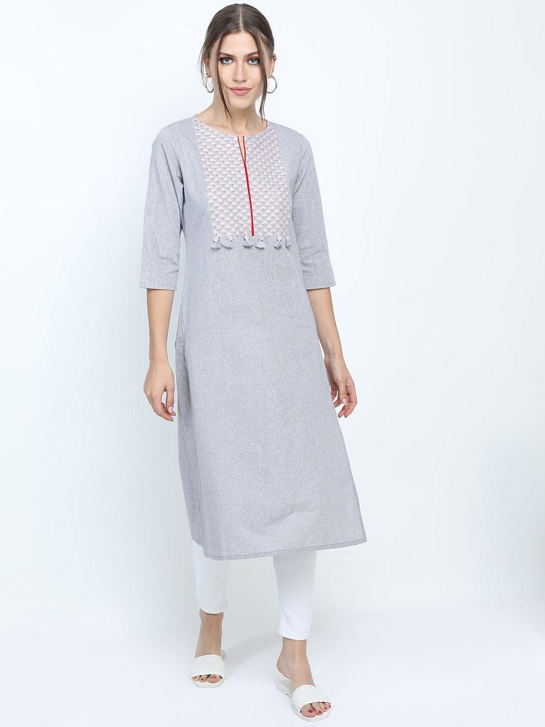 vishudh women grey floral yoke design thread work kurta