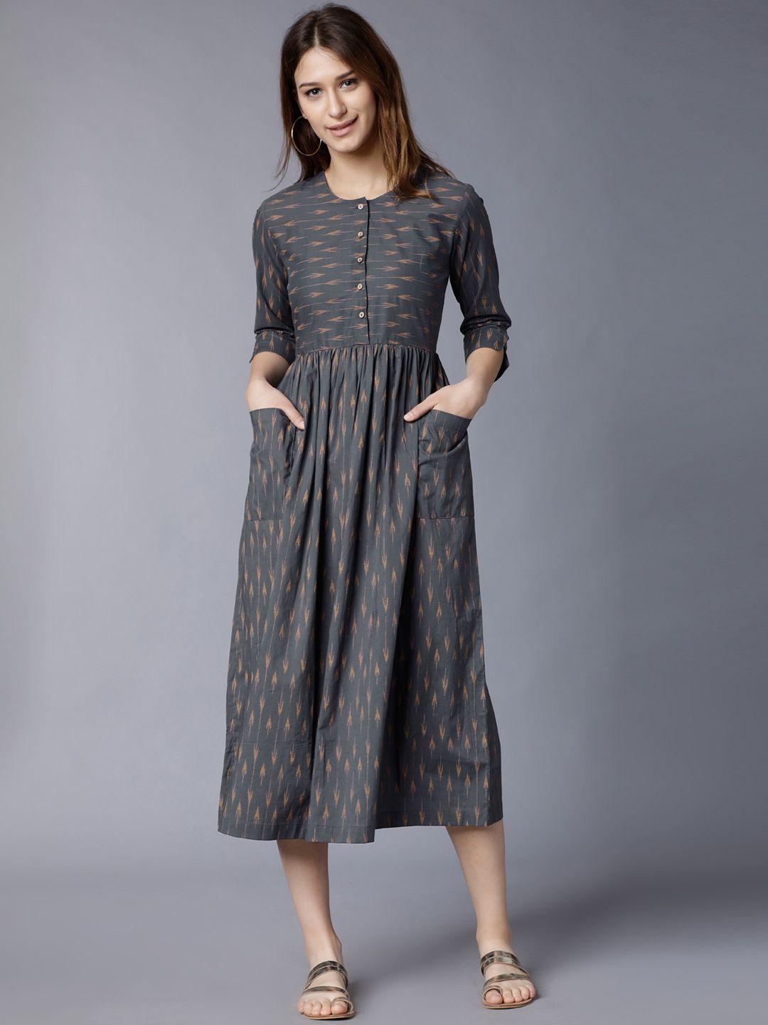 vishudh women grey printed fit and flare dress
