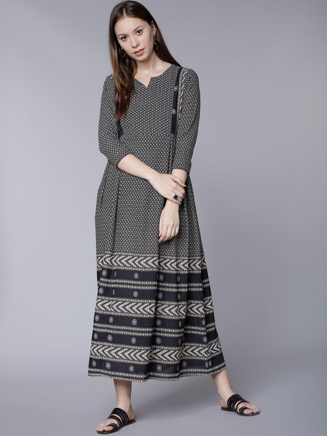 vishudh women grey printed fit and flare dress