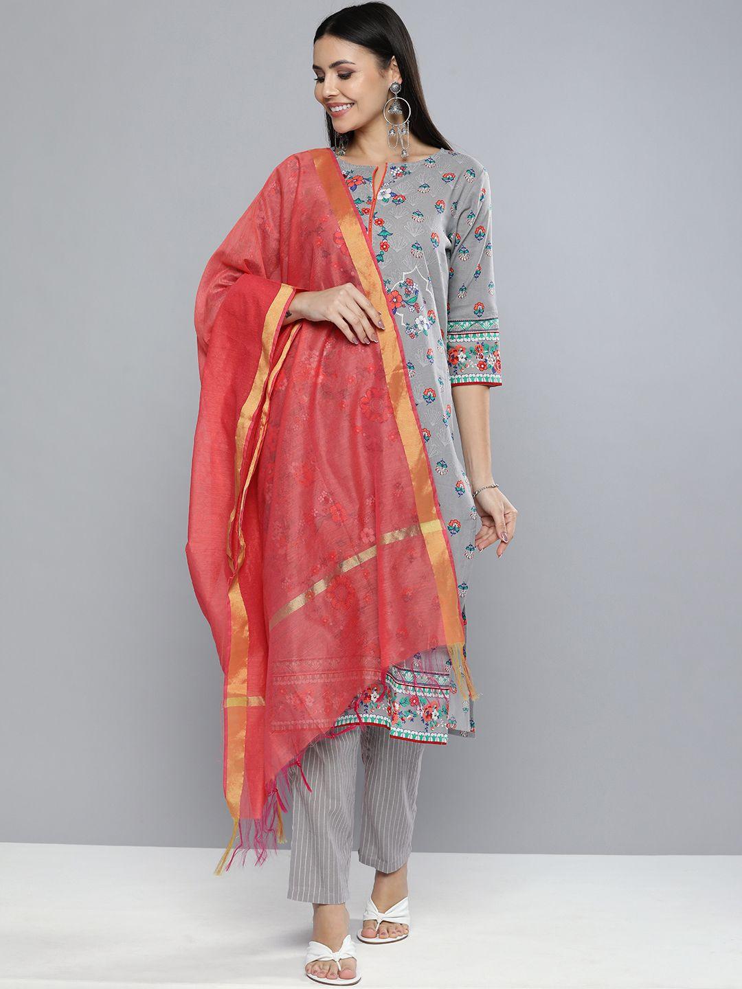vishudh women grey printed kurta with palazzos & dupatta