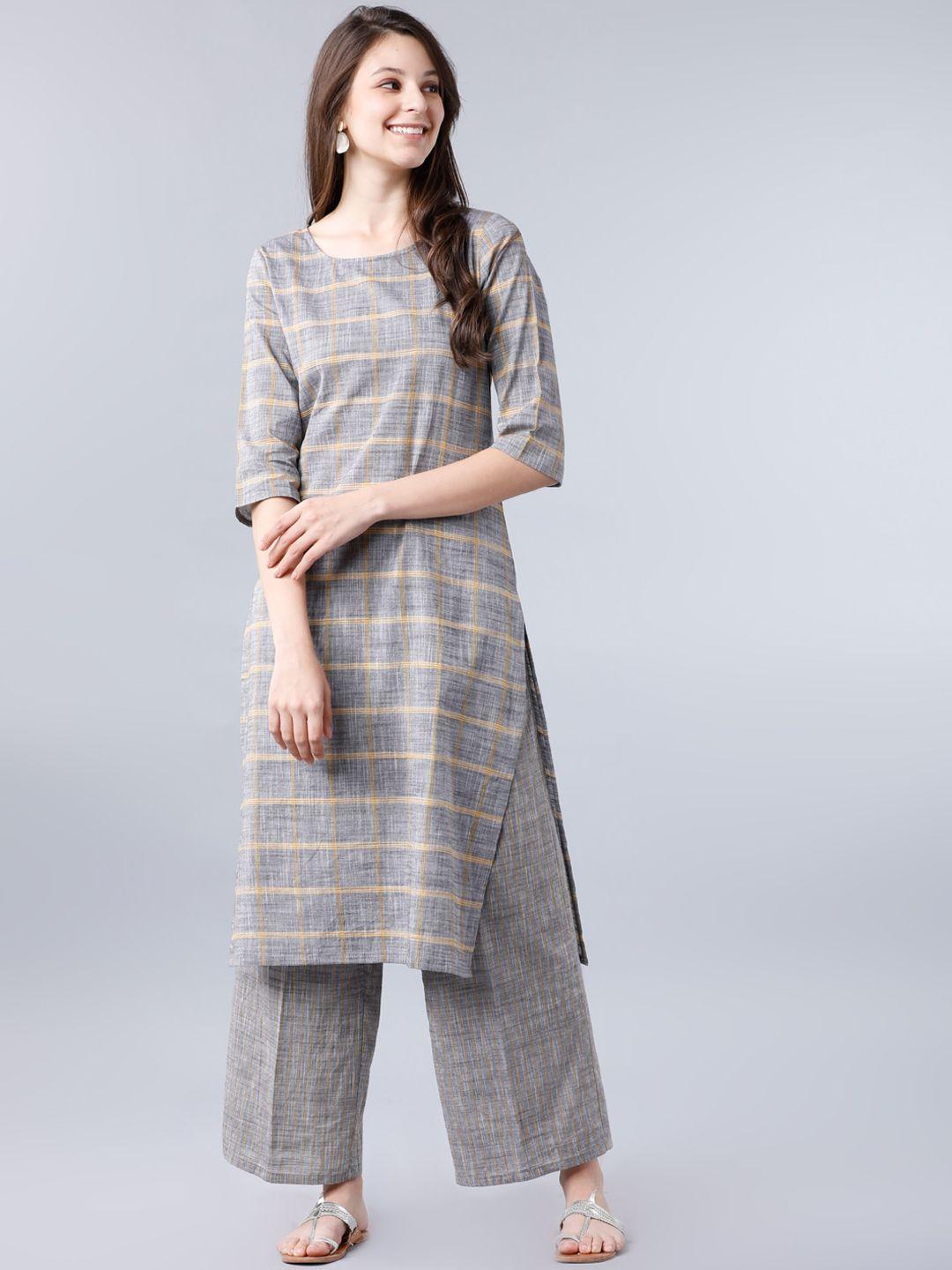 vishudh women grey printed kurta with palazzos