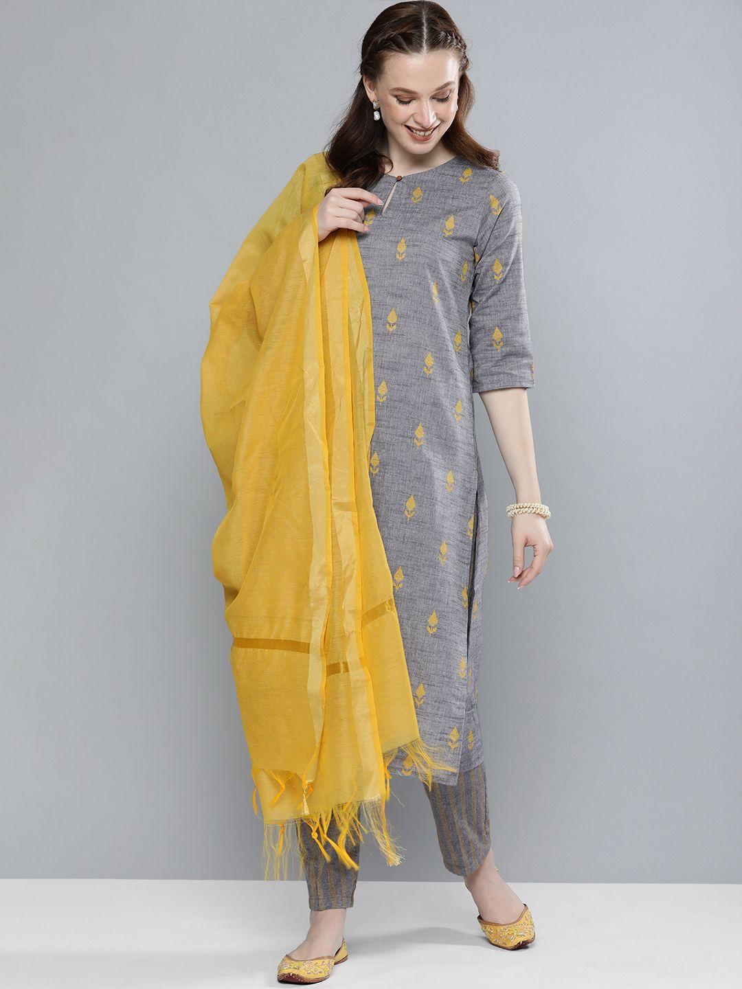 vishudh women grey printed kurta with trousers & dupatta