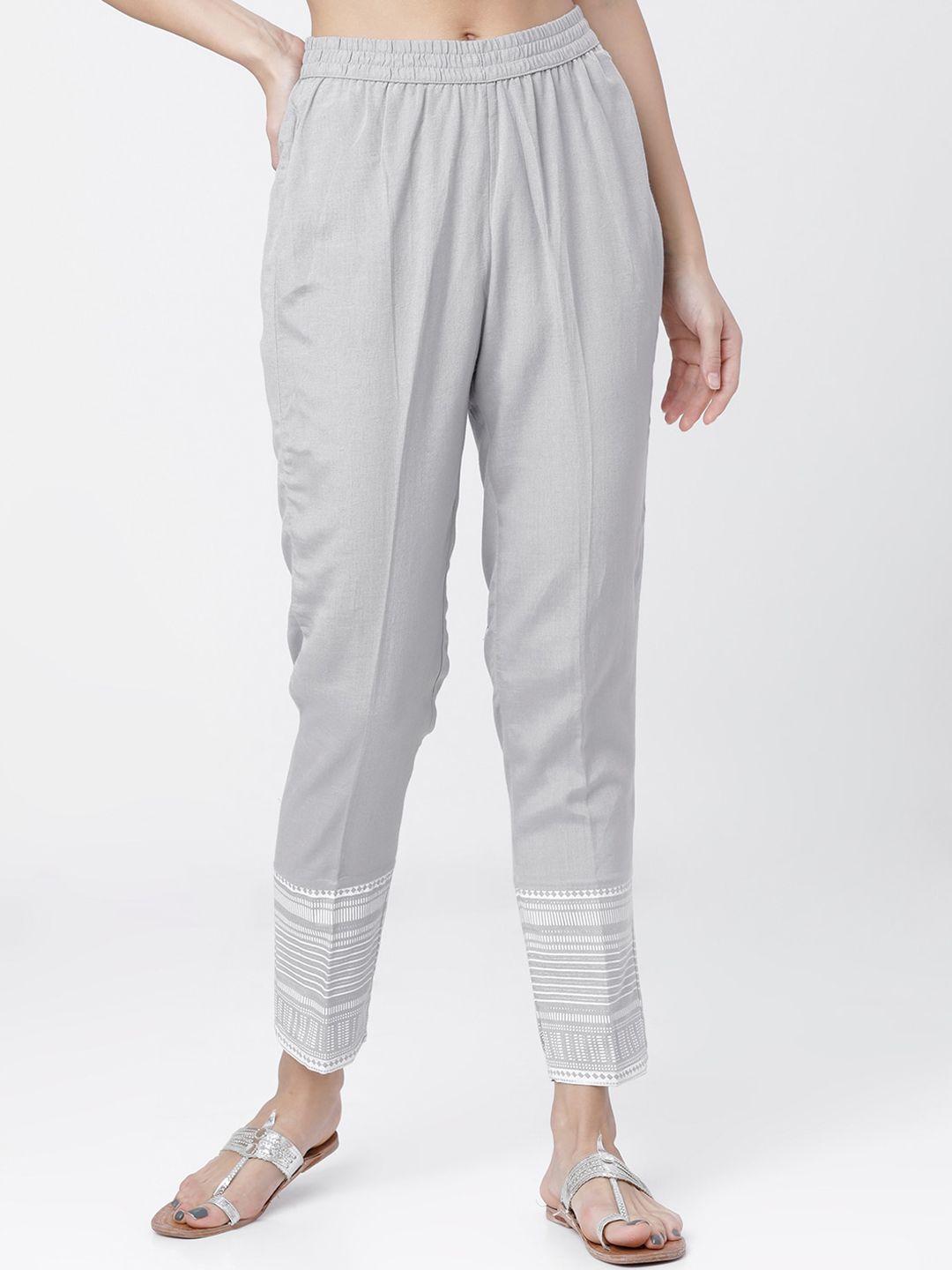 vishudh women grey regular fit solid regular trousers