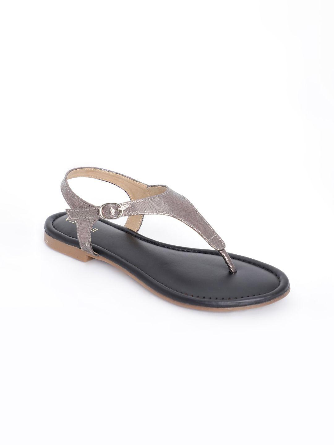 vishudh women grey textured t-strap flats