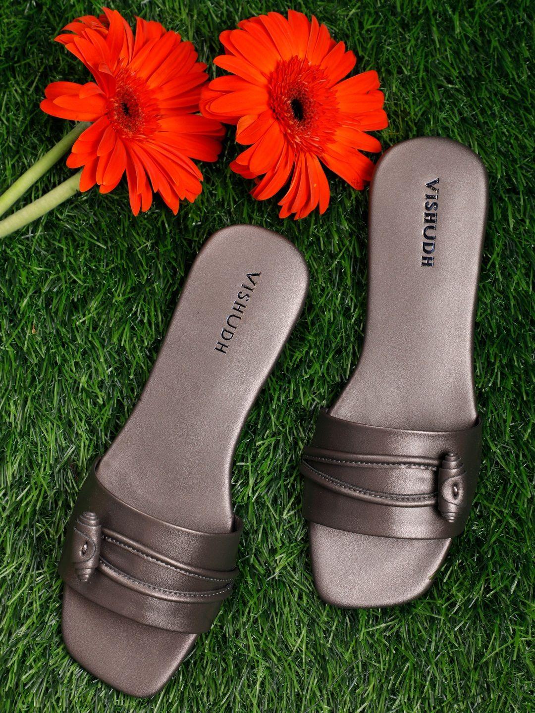 vishudh women gunmetal-toned solid open toe flats