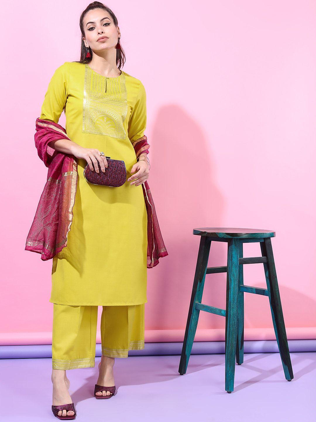 vishudh women lime green panelled  straight kurti with trousers & with dupatta
