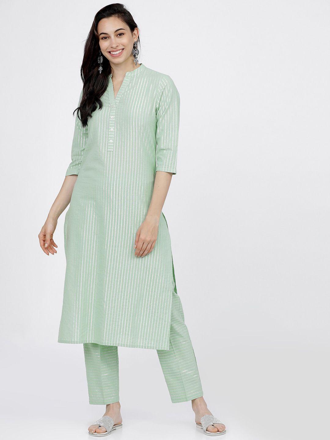 vishudh women lime green striped regular pure cotton kurti with trousers