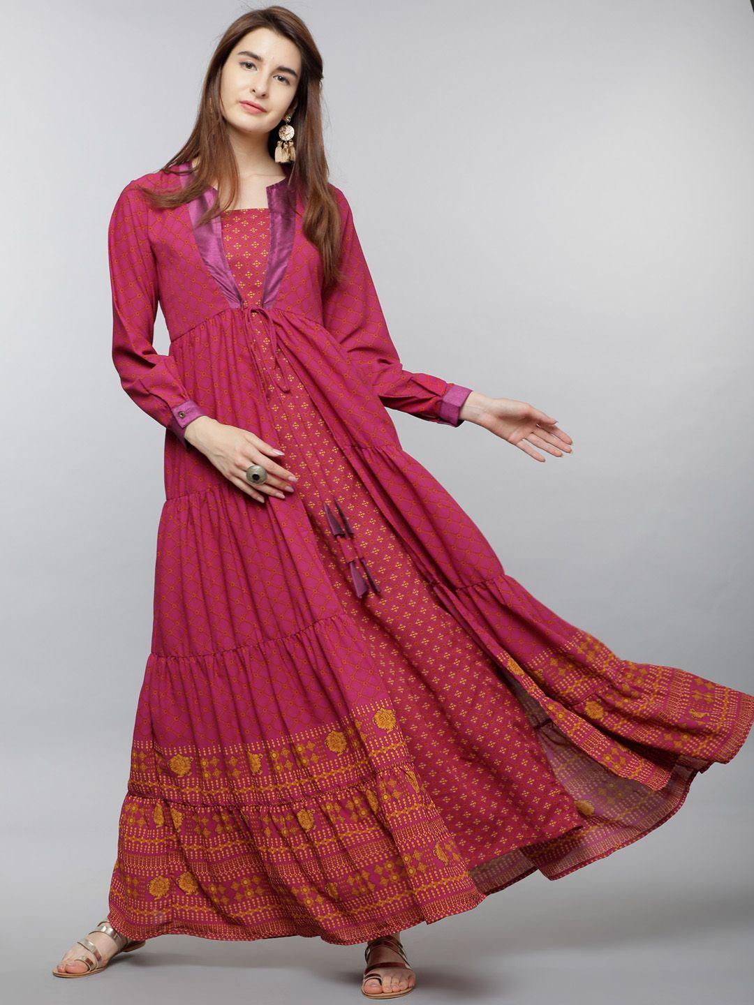 vishudh women magenta & mustard printed kurta with jacket