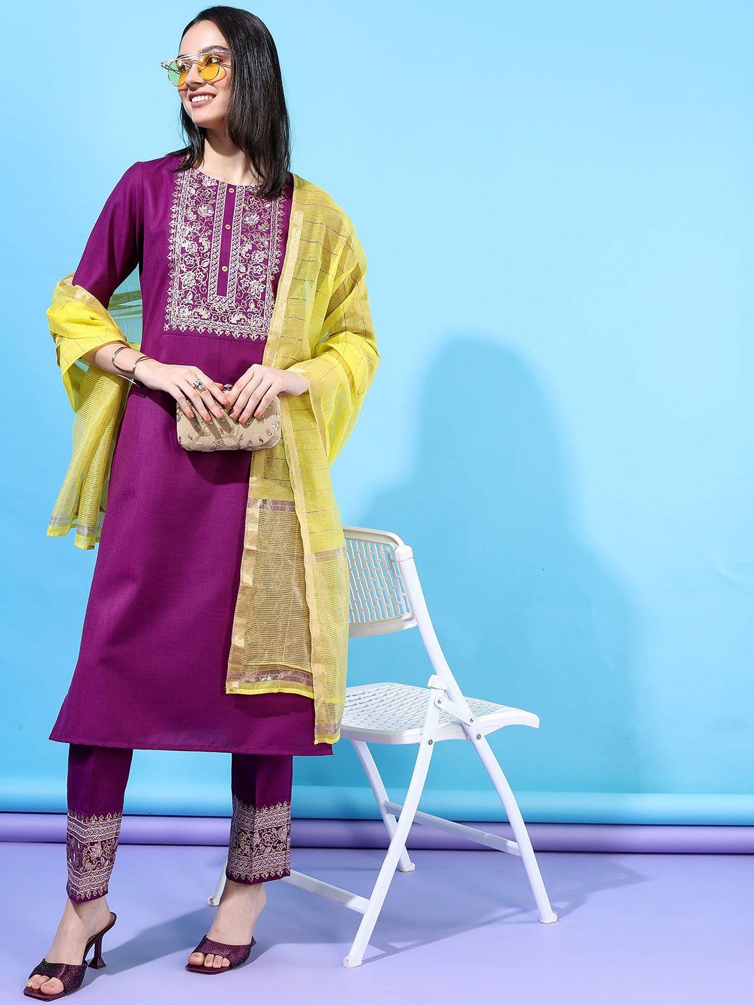 vishudh women magenta floral yoke design straight kurta with trousers & with dupatta