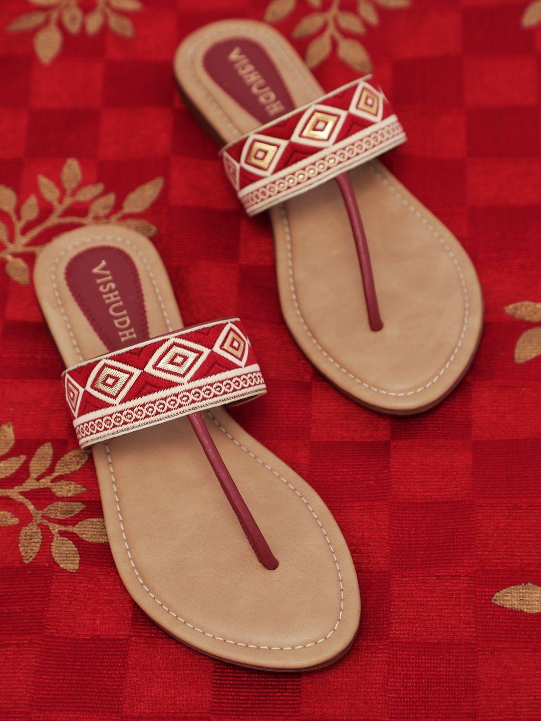 vishudh women maroon & beige embellished open toe flats