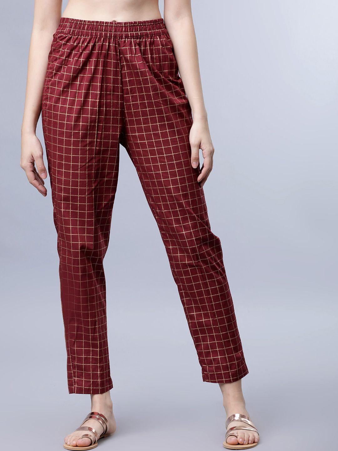 vishudh women maroon & gold-toned regular fit solid cigarette trousers