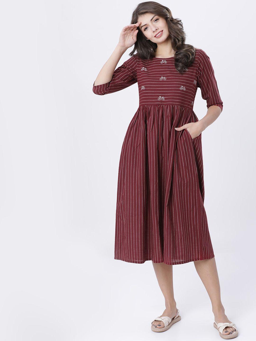 vishudh women maroon & off-white striped fit and flare dress