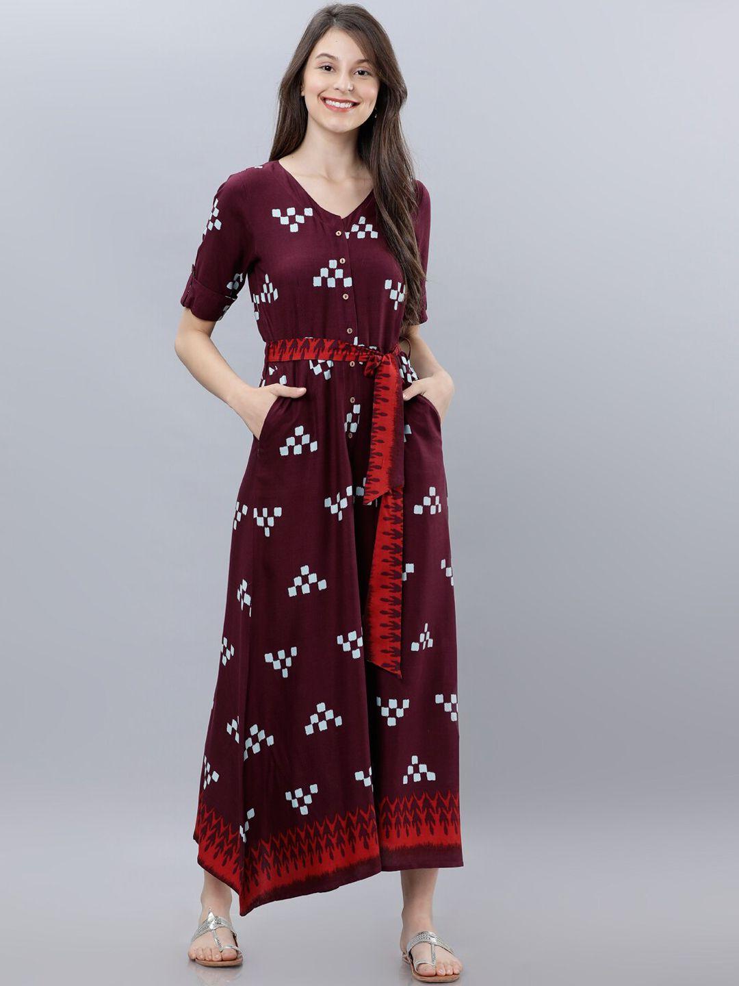 vishudh women maroon & white printed basic jumpsuit with belt