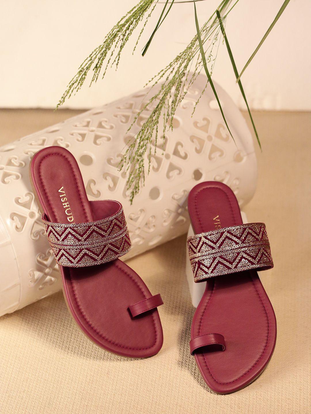 vishudh women maroon embroidered one toe flats