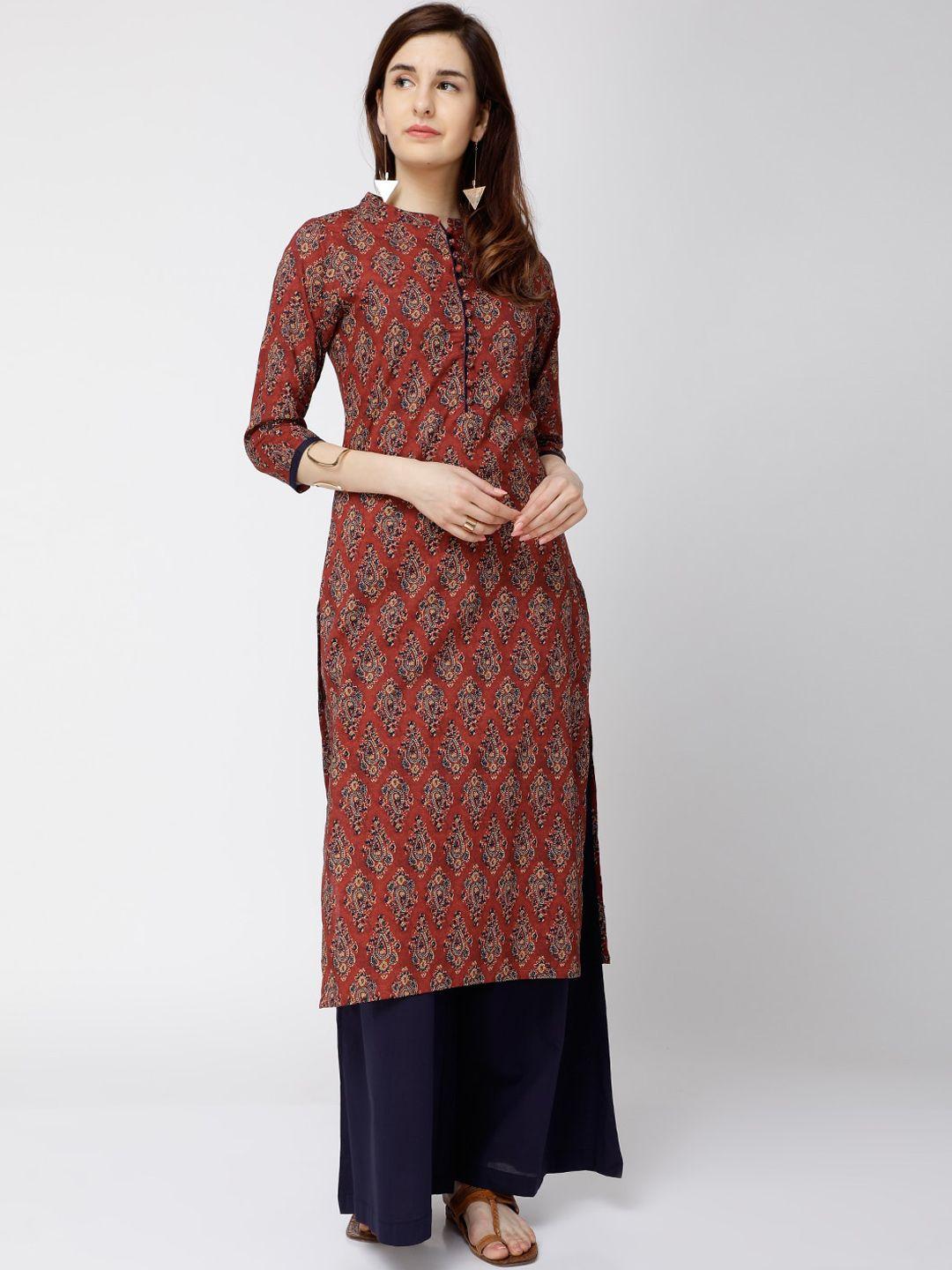 vishudh women maroon ethnic motifs printed pure cotton kurta with palazzos
