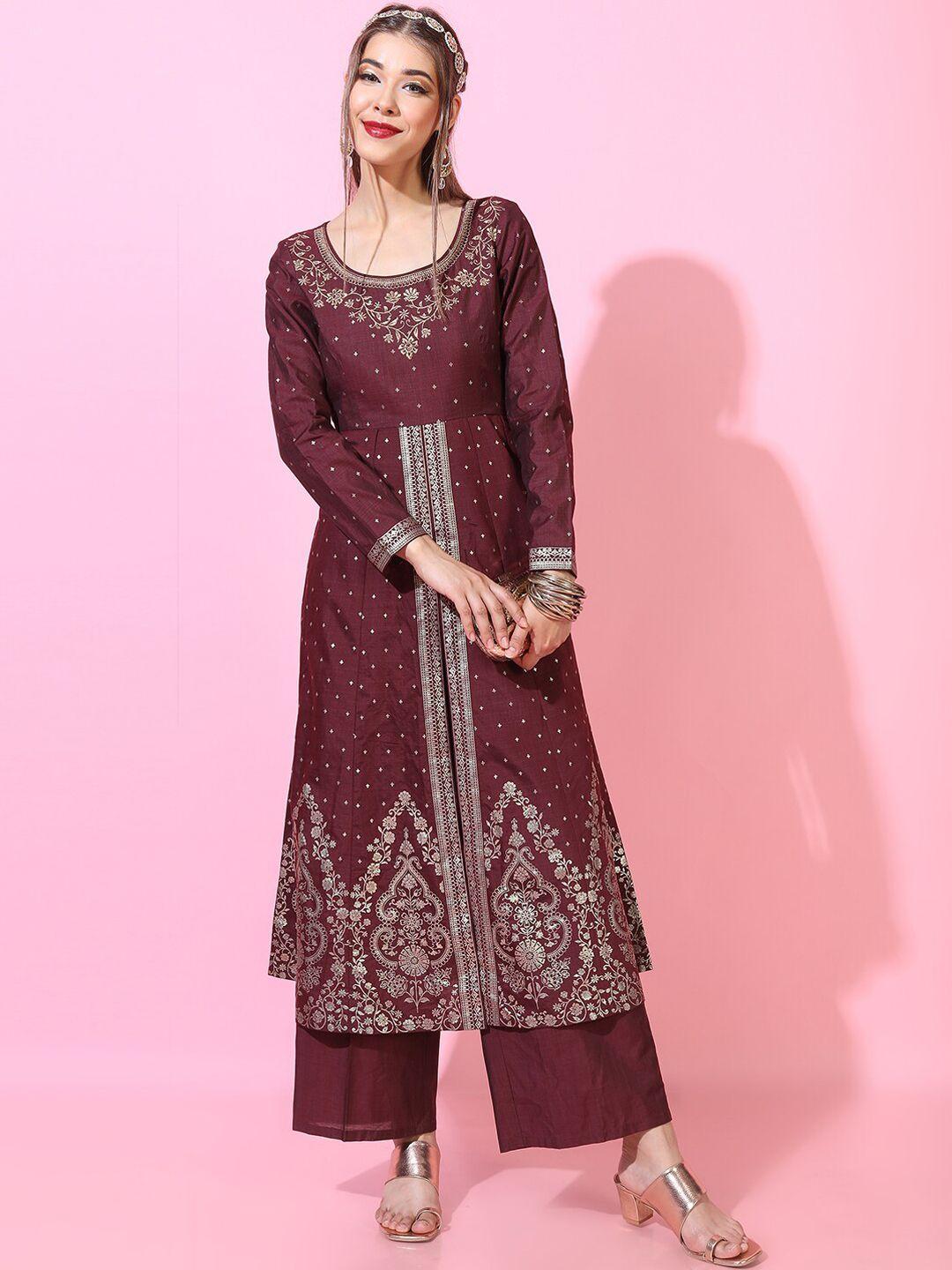 vishudh women maroon floral embroidered kurta with palazzos