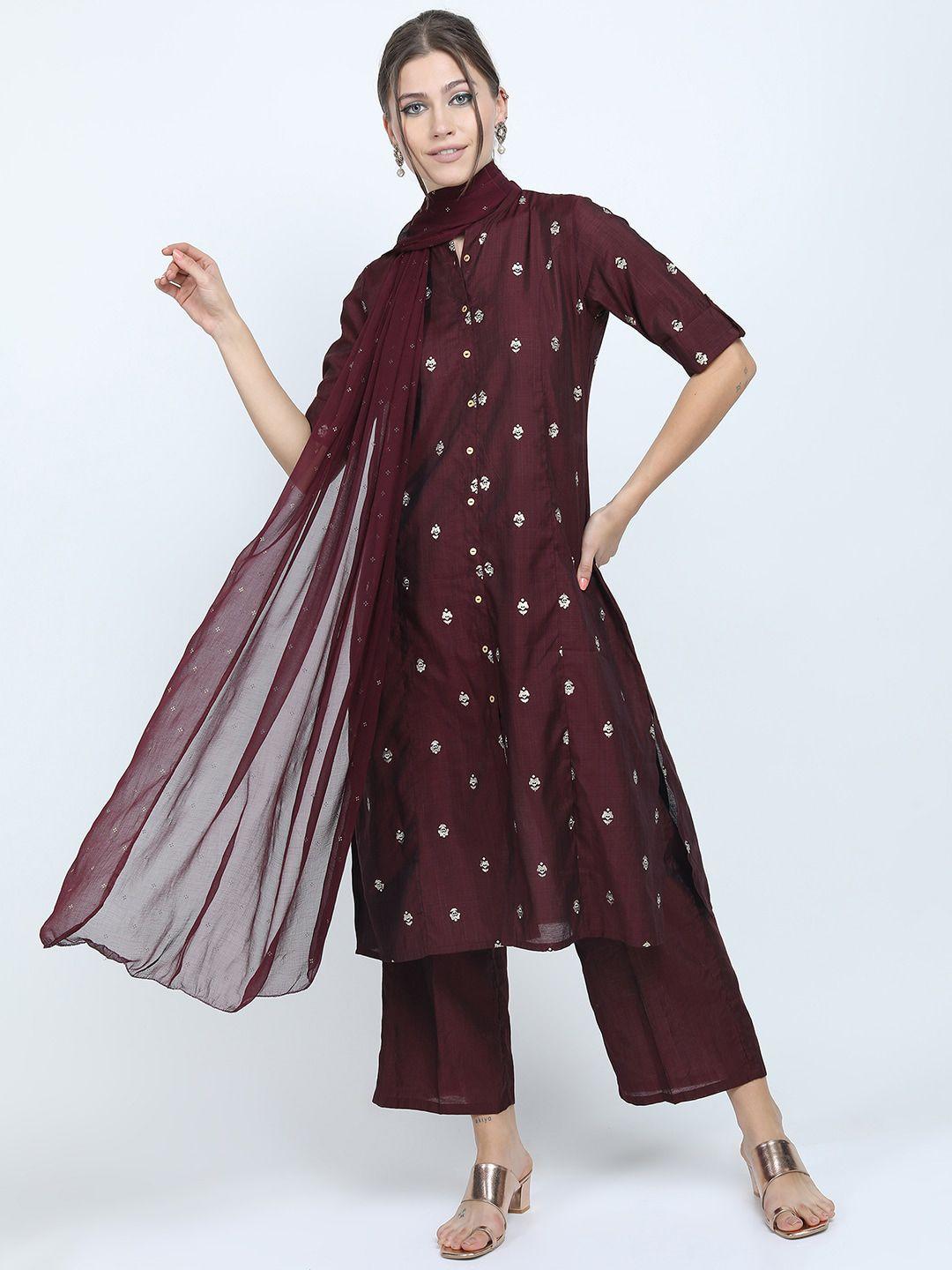 vishudh women maroon floral printed kurta with trousers & dupatta